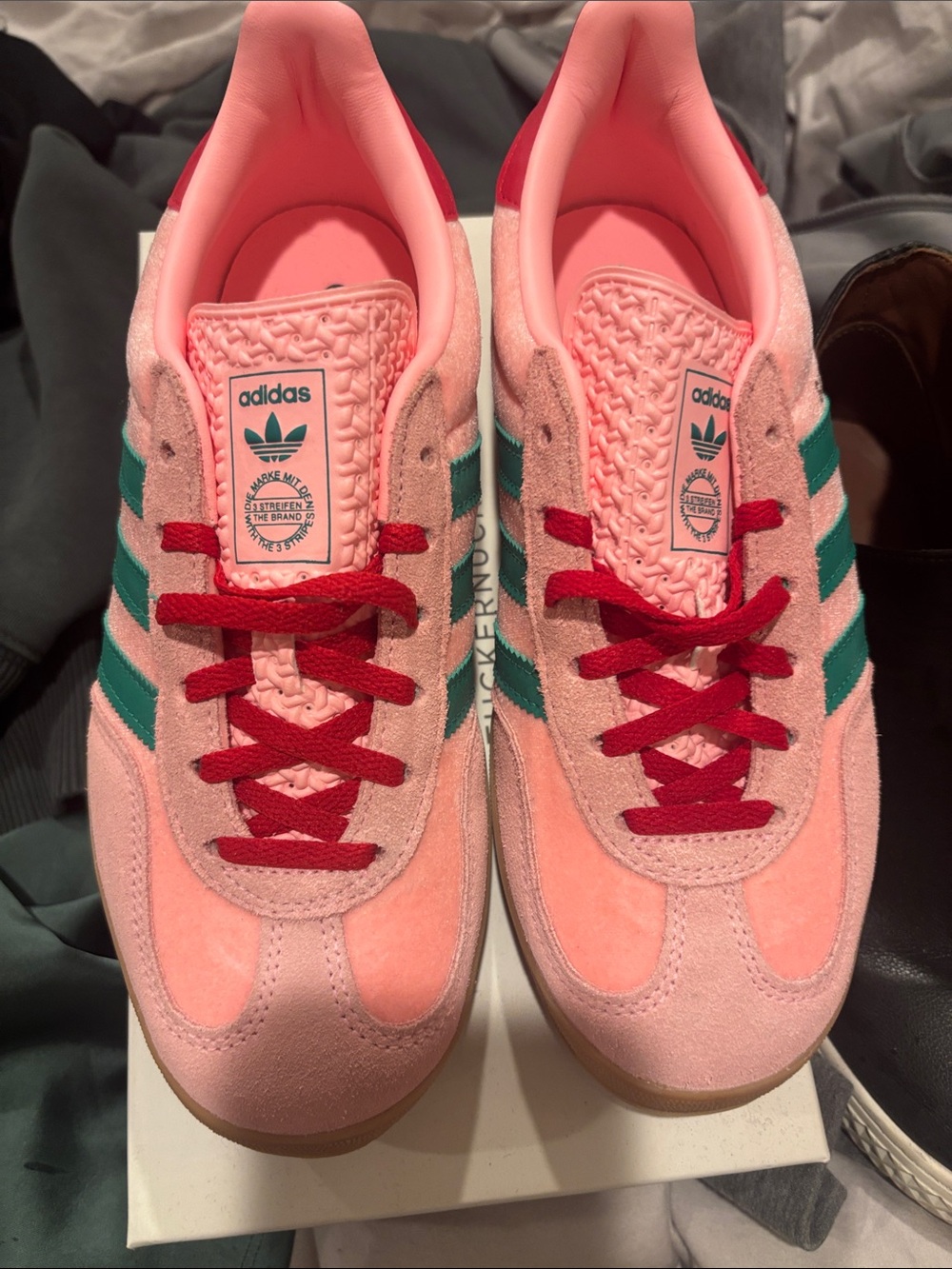 adidas Women’s Pink Velvet Sneakers with Green Stripes and Red Laces